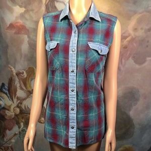 AJ Brandon Denim Plaid Green Red Sleeveless Vest Top Shirt Blouse Grunge Medium